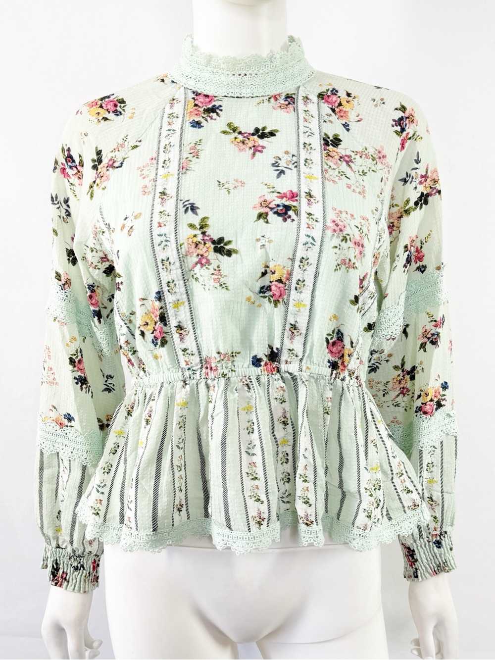 Anthropologie Hemant & Nandita Green Floral Lace Trim Peplum Blouse Top Size S